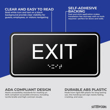 Load image into Gallery viewer, Bulk Case of 100 Signs - Exit Sign with Braille, Black, Self Adhesive ADA Building Sign, 6" x 3"