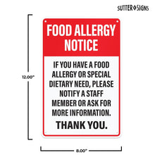 Load image into Gallery viewer, Bulk Case of 50 Sets - Food Allergy Notice Sign for Restaurants, Food Trucks, Cafes, Aluminum Safety Notice Sign, 12" x 8"