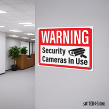 Load image into Gallery viewer, Bulk Case of 63 Sets - Security Cameras in Use Sign, Plastic Video Surveillance Warning Signs, 10" x 14" with Mounting Holes (Pack of 4)