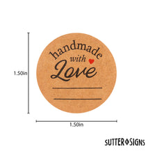 Load image into Gallery viewer, Bulk Case of 50 Sets - 1000pcs Handmade with Love Stickers, 1.5&quot; Diameter Kraft Labels, 500 Stickers per Roll (Pack of 2)
