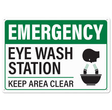 Load image into Gallery viewer, Bulk Case of 100 Signs - Emergency Eye Wash Station Keep Area Clear Sign 10x7 Inch | Rust-Free Aluminum Eye Wash Station, Durable Safety Sign with Pre-Drilled Mounting Holes