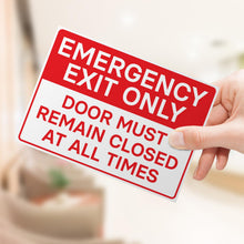 Load image into Gallery viewer, Bulk Case of 250 Sets - 4pk Emergency Exit Only Door Must Remain Closed Signs | Self Adhesive Vinyl Stickers for Emergency Exit Doors, 5 x 7 Inch