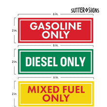 Load image into Gallery viewer, Bulk Case of 200 Sets - Sutter Signs 9pc Diesel Only/Gasoline Only/Mixed Fuel Only Stickers for Fuel Tank | Weatherproof Adhesive Decals for Trucks, Tractors, Fuel Cans, Gas Caps