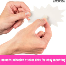 Load image into Gallery viewer, Bulk Case of 144 Sets - Starburst Signs with Stickers 100pcs | 50pcs Sign Cards &amp; 50pcs Sticker Dots. Neon 3x5 inch