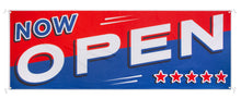 Load image into Gallery viewer, Bulk Case of 100 Signs - Now Open Banner, 3&#39; x 8&#39; Open Sign for Businesses, Shops, Polyester Banner with Grommets, Rope Included for Easy Installation