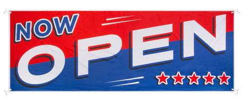 Bulk Case of 100 Signs - Now Open Banner, 3' x 8' Open Sign for Businesses, Shops, Polyester Banner with Grommets, Rope Included for Easy Installation