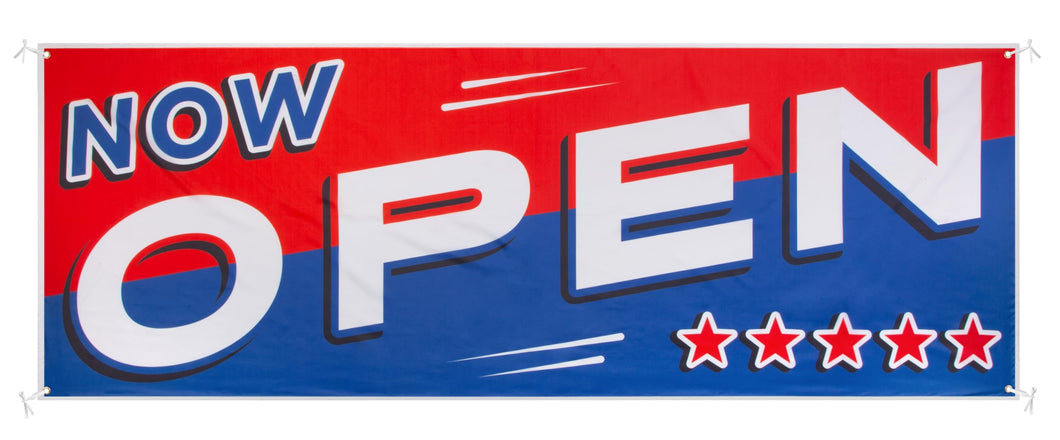 Bulk Case of 100 Signs - Now Open Banner, 3' x 8' Open Sign for Businesses, Shops, Polyester Banner with Grommets, Rope Included for Easy Installation