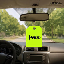 Load image into Gallery viewer, Bulk Case of 20 Sets - Blank Car Mirror Hang Tags | For Sale Signs for Vehicle Window | Auto Dealership Supplies | Neon Green, 8.5" x 11" (Pack of 50)
