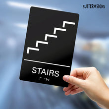 Load image into Gallery viewer, Bulk Case of 100 Signs - Stairs Sign with Braille, Self Adhesive ADA Building Sign, 6&quot; x 9&quot;