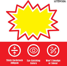Load image into Gallery viewer, Bulk Case of 66 Sets - Starburst Signs with Stickers 100pcs | 50pcs Price Sign Cards &amp; 50pcs Strong Sticker Dots. 6x8 inch (Yellow)