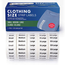 Load image into Gallery viewer, Bulk Case of 20 Sets - 1250pcs Clothing Size Strip Labels Box Set, 5 Rolls (S, M, L, XL, XXL), Clear Size Sticker Labels for Shirts, Pants, Retail Clothing