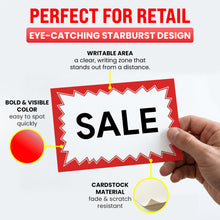 Load image into Gallery viewer, Bulk Case of 60 Sets - Sale Signs for Retail Stores,Yard Sale, Garage Sale 50pcs, 4.5" x 6.5", Red Starburst Paper Card Price Tags for Yard Sale, Garage Sale