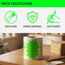 Load image into Gallery viewer, Bulk Case of 100 Sets - Starburst Price Tag Stickers, 2" x 3" Fluorescent Green Starburst Signs, Removable Adhesive, 250pcs