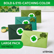 Load image into Gallery viewer, Bulk Case of 100 Rolls - 4 Leaf Clover Stickers, 1" Diameter 500pcs, St. Patrick's Day Shamrock Perforated Stickers, 500pcs