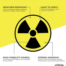 Load image into Gallery viewer, Bulk Case of 250 Sets - Nuclear Radiation Warning Symbol Stickers - Individually Die-Cut - 3-Inch Diameter (Pack of 4 Decals)