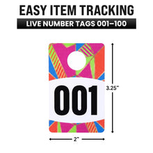 Load image into Gallery viewer, Bulk Case of 75 Sets - Live Plastic Number Tags for Hangers, 001-100 Consecutively Numbered, Mirror Image Number Cards for Live Sales, 3.25" x 2" Cards (Mosaic)