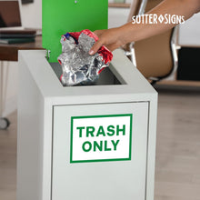 Load image into Gallery viewer, Bulk Case of 100 Sets - 4pc Recycle Stickers + 4pc Trash Stickers | Weatherproof Vinyl Sticker Recycling Signs for Trash Bins, 7" x 10"