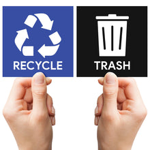 Load image into Gallery viewer, Bulk Case of 250 Sets - Trash and Recycle Stickers for Trash Cans – 4 Pack Indoor/Outdoor Vinyl Decals for Garbage &amp; Recycling Bins – Large 5" Waterproof Waste Sorting Labels (2 Black Trash, 2 Blue Recycle)