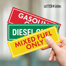 Load image into Gallery viewer, Bulk Case of 250 Sets - Sutter Signs 9pc Diesel Only/Gasoline Only/Mixed Fuel Only Stickers for Fuel Tank | Weatherproof Adhesive Decals for Trucks, Tractors, Fuel Cans, Gas Caps