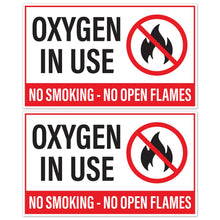 Load image into Gallery viewer, Bulk Case of 250 Sets - Oxygen in Use No Smoking No Open Flames Stickers, Weatherproof Self Adhesive Vinyl, White/Black/Red, 5" x 3" - Pack of 2