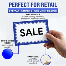 Load image into Gallery viewer, Bulk Case of 60 Sets - Sale Signs for Retail Stores 50pcs, 4.5" x 6.5", Blue Starburst Paper Card Price Tags for Yard Sale, Garage Sale