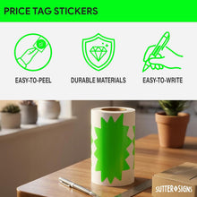 Load image into Gallery viewer, Bulk Case of 50 Sets - Starburst Price Tag Stickers, 3" x 5" Fluorescent Green Starburst Signs, Removable Adhesive, 250pcs