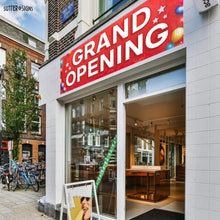 Load image into Gallery viewer, Bulk Case of 100 Signs - Grand Opening Banner, 3' x 8' Now Open Sign for Business, Shop, Polyester Banner with Grommets, Rope Included for Easy Installation