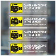 Load image into Gallery viewer, Bulk Case of 250 Sets - in Car Camera Recording Sticker 4pcs | Camera Recording in This Vehicle Decals for Rideshare, Van, Truck, Taxi Drivers. Clear Weatherproof Vinyl, 6&quot; x 2&quot;