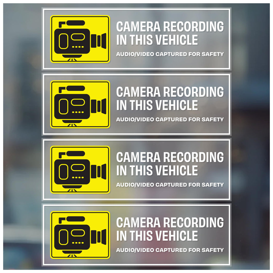 Bulk Case of 250 Sets - in Car Camera Recording Sticker 4pcs | Camera Recording in This Vehicle Decals for Rideshare, Van, Truck, Taxi Drivers. Clear Weatherproof Vinyl, 6