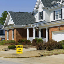 Load image into Gallery viewer, Bulk Case of 36 Sets - Please Slow Down Yard Signs with H-Frame Stakes, 12" x 16" Corrugated Plastic Please Slow Down Signs for Yard (Pack of 2)