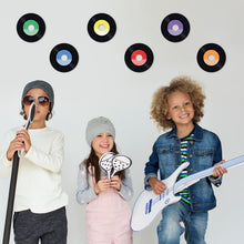Load image into Gallery viewer, Bulk Case of 120 Sets - Vinyl Record Cutouts 4.5" | Disco Party Decorations, 80s 70s 60s Rock and Roll Party Favors, Groovy Classroom Decor for Music Bulletin Board | 54pcs Cardstock Cut Outs &amp; 54pcs Glue Dot Stickers