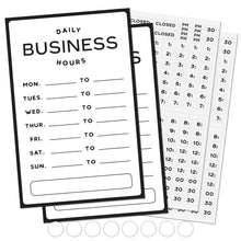 Load image into Gallery viewer, Bulk Case of 125 Sets - Business Hours Sign 2pk | Modern Store Open Time of Operation Sign for Glass Door with Changeable Time Stickers and Adhesive Dots for Adjustable Placement, 7.5&quot; x 11.4&quot;