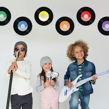 Load image into Gallery viewer, Bulk Case of 88 Sets - 7" Vinyl Record Cutouts | Disco Party Decorations, 80s 70s 60s Rock and Roll Party Favors, Groovy Classroom Decor for Music Bulletin Board | 36pcs Cardstock Cut Outs &amp; 36pcs Glue Dot Stickers