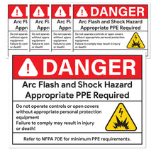 Load image into Gallery viewer, Bulk Case of 250 Sets - 5pcs Arc Flash Danger Warning Stickers, 5" x 3.5" Self Adhesive, Weatherproof Vinyl Electrical Hazard Safety Signs