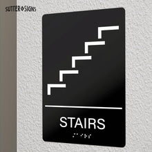 Load image into Gallery viewer, Bulk Case of 100 Signs - Stairs Sign with Braille, Self Adhesive ADA Building Sign, 6" x 9"