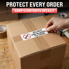 Load image into Gallery viewer, Bulk Case of 100 Sets - 250pcs Do Not Use Blade to Open Stickers 1.5" x 5", Shipping Receiving Labels, Do Not Use Sharp Objects to Open Box