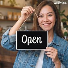 Load image into Gallery viewer, Bulk Case of 125 Sets - Open Closed Sign for Business, 10" x 6" Double Sided Plastic Sign with Twine, Suction Cup Hook, Business Hours (Black/White)