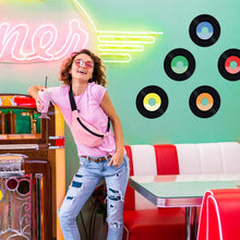 Load image into Gallery viewer, Bulk Case of 88 Sets - 7" Vinyl Record Cutouts | Disco Party Decorations, 80s 70s 60s Rock and Roll Party Favors, Groovy Classroom Decor for Music Bulletin Board | 36pcs Cardstock Cut Outs &amp; 36pcs Glue Dot Stickers