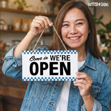 Load image into Gallery viewer, Bulk Case of 100 Sets - Open Closed Sign for Business, 10" x 6" Double Sided Plastic Sign with Twine, Suction Cup Hook, Business Hours (Blue Checker)