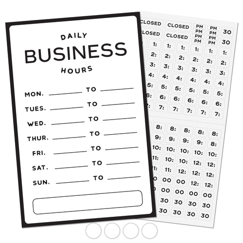 Bulk Case of 250 Sets - Business Hours Sign | Modern Store Open Hours of Operation Sign for Glass Door with Changeable Hours Stickers and Adhesive Dots for Adjustable Placement, 7.5