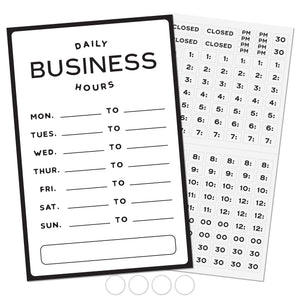 Bulk Case of 250 Sets - Business Hours Sign | Modern Store Open Hours of Operation Sign for Glass Door with Changeable Hours Stickers and Adhesive Dots for Adjustable Placement, 7.5" x 11.4"