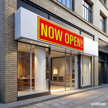 Load image into Gallery viewer, Bulk Case of 100 Signs - Now Open Banner, 3' x 8' Open Sign for Businesses, Shops, Polyester Banner with Grommets, Rope Included for Easy Installation