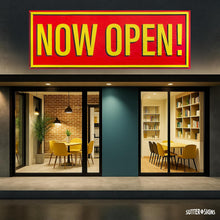 Load image into Gallery viewer, Bulk Case of 100 Signs - Now Open Banner, 3' x 8' Open Sign for Businesses, Shops, Polyester Banner with Grommets, Rope Included for Easy Installation