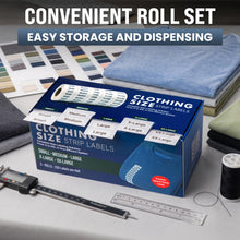 Load image into Gallery viewer, Bulk Case of 20 Sets - 1250pcs Clothing Size Strip Labels Box Set, 5 Rolls (S, M, L, XL, XXL), Clear Size Sticker Labels for Shirts, Pants, Retail Clothing