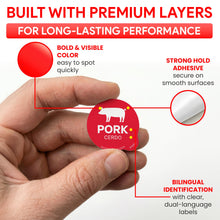 Load image into Gallery viewer, Bulk Case of 100 Rolls - Pork Food Labels 500pcs 1" Dot Bold Sticker Labels, Party Buffet, Delis, Sandwich Shops, Food Containers