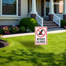 Load image into Gallery viewer, Bulk Case of 50 Sets - No Dogs Allowed Yard Signs with H-Frame Stakes, 8" x 12" Corrugated Plastic No Dogs Allowed Signs (Pack of 3)