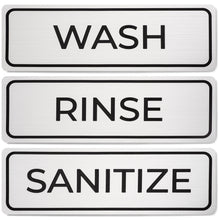 Load image into Gallery viewer, Bulk Case of 100 Sets - Wash Rinse Sanitize Sink Labels | Self Adhesive Waterproof Aluminum Metal Finish Look Signs for 3 Compartment Sink, Food Truck, Restaurant, Kitchen Food Safety, 6" x 2"