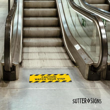 Load image into Gallery viewer, Bulk Case of 50 Sets - 5pk Anti Slip Watch Your Step Floor Decals | Caution Wet Floor Sign Abrasive 80 Grit Tape Stickers for Workplace Safety