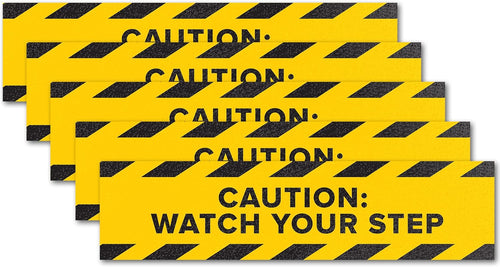Bulk Case of 50 Sets - 5pk Anti Slip Watch Your Step Floor Decals | Caution Wet Floor Sign Abrasive 80 Grit Tape Stickers for Workplace Safety