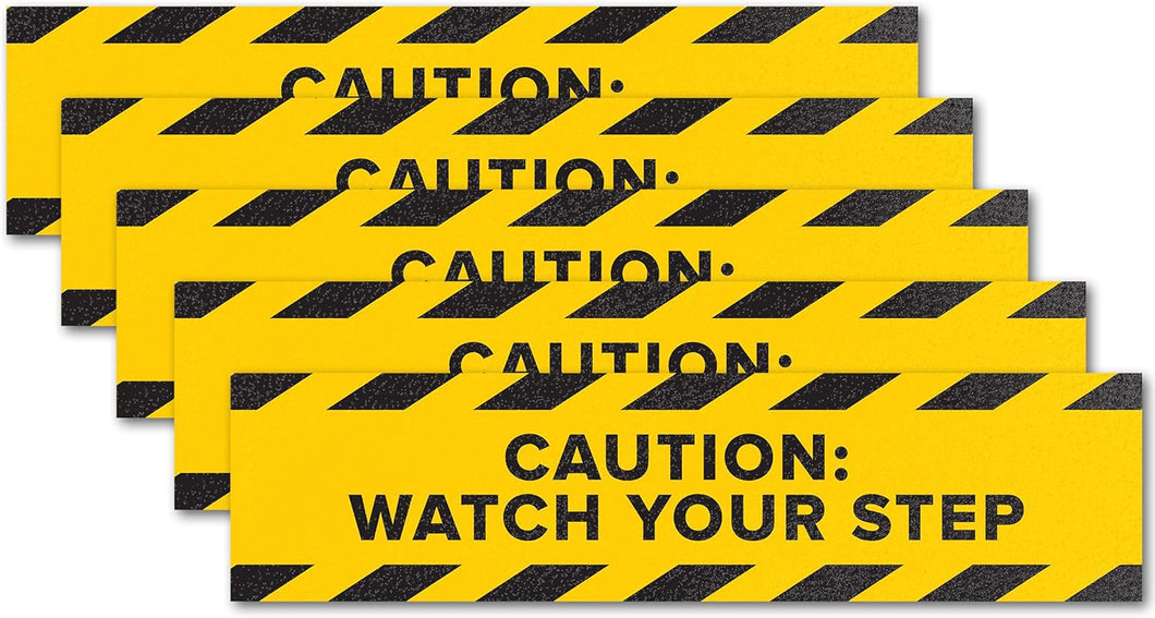 Bulk Case of 50 Sets - 5pk Anti Slip Watch Your Step Floor Decals | Caution Wet Floor Sign Abrasive 80 Grit Tape Stickers for Workplace Safety